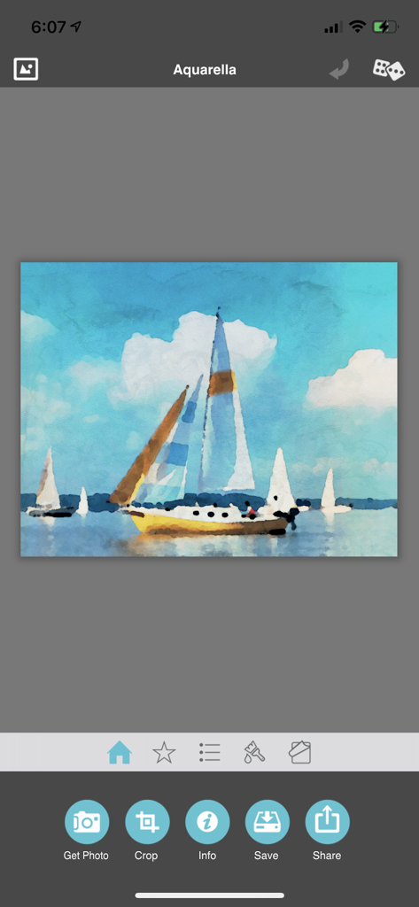 Interfaz de la aplicación de pintura de acuarela Aquarella, mostrando una pintura de veleros con herramientas de edición debajo.