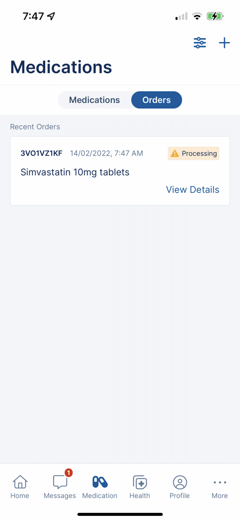 BeWell - Patient Care - Pantalla de estado del pedido de receta en la aplicación BeWell mostrando un pedido en procesamiento para tabletas de Simvastatina.