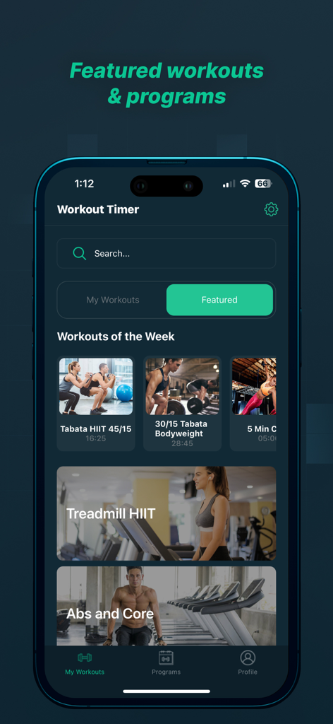 Workout Timer: Intervals & TUT - Aplicativo móvel Workout Timer exibindo programas de treinamento HIIT e Tabata em destaque