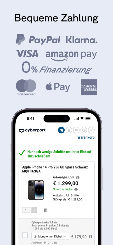 Cyberport mobile app showing various payment options like PayPal and Apple Pay with an iPhone 14 Pro in the shopping cart.
