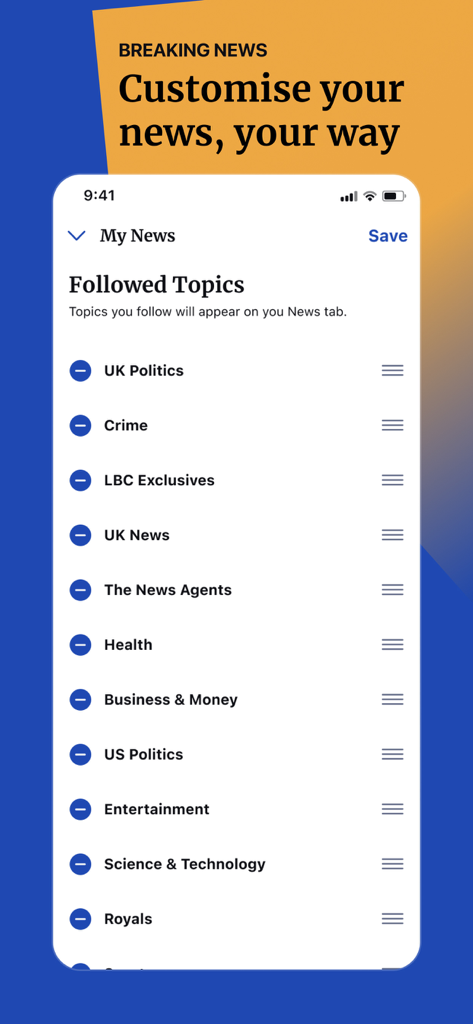 LBC: UK, World & Breaking News - LBCニュースアプリの画面には、英国の政治やビジネスなどのフォロー中のトピックが表示され、パーソナライズされたニュースフィードが作成されます