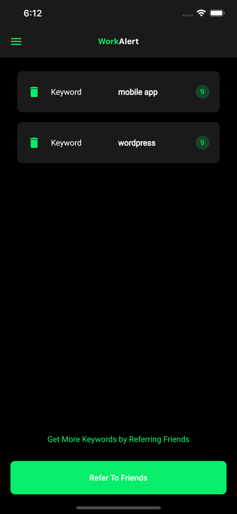 WorkAlert for Upwork - Painel do aplicativo WorkAlert exibindo palavras-chave de empregos rastreadas para aplicativos móveis e wordpress