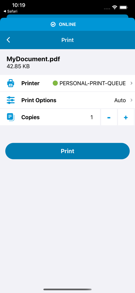 HP Advance - HP Advance mobile app screen showing print options for a PDF file