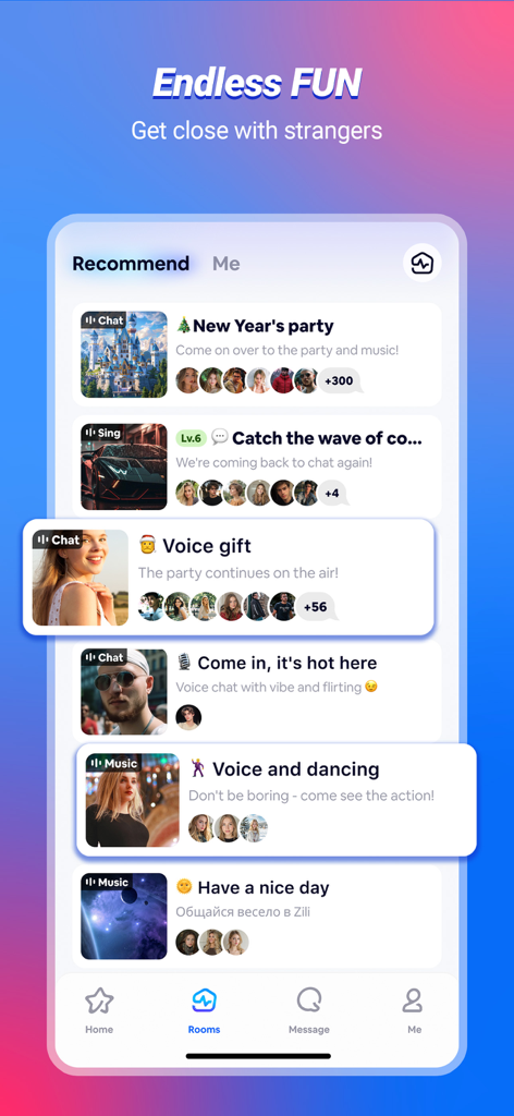 Zili - Zili app interface showing a list of recommended live voice chat rooms for social interaction.