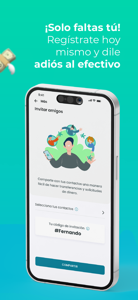 Mobile screen of the Kash app showing the invite friends feature with a referral code and share button.