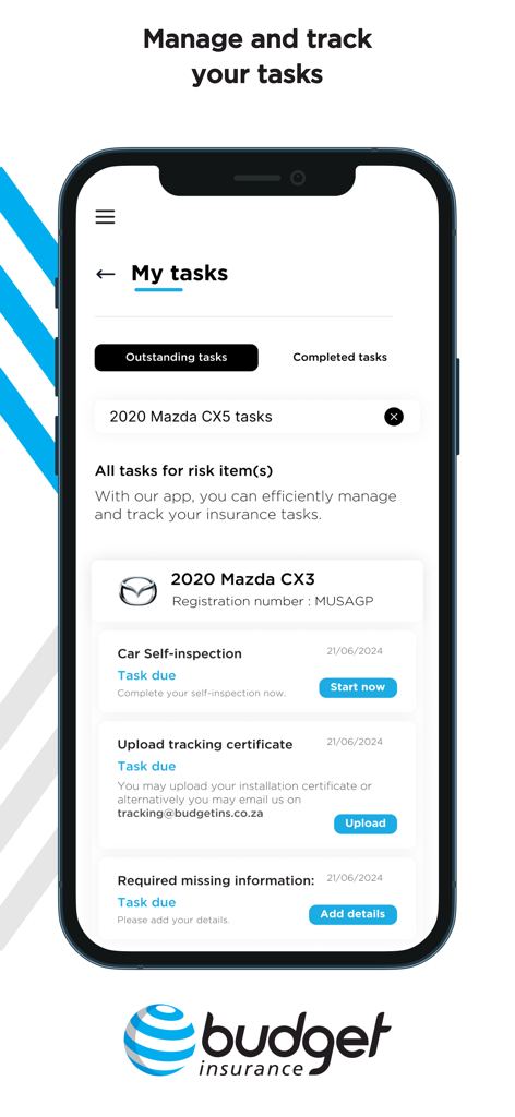 Tela de Tarefas do aplicativo Budget Insurance Minhas Tarefas mostrando tarefas pendentes do veículo, como autoinspeção do carro e upload do certificado de rastreamento