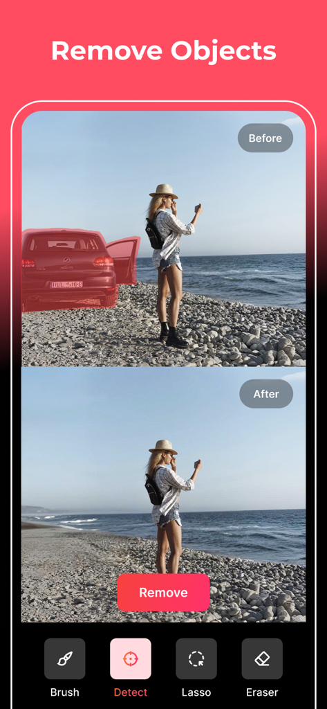 Magic Eraser - Remove Object - Una comparación de antes y después que muestra la eliminación de un coche rojo de una foto de playa usando la aplicación Borrador Mágico.