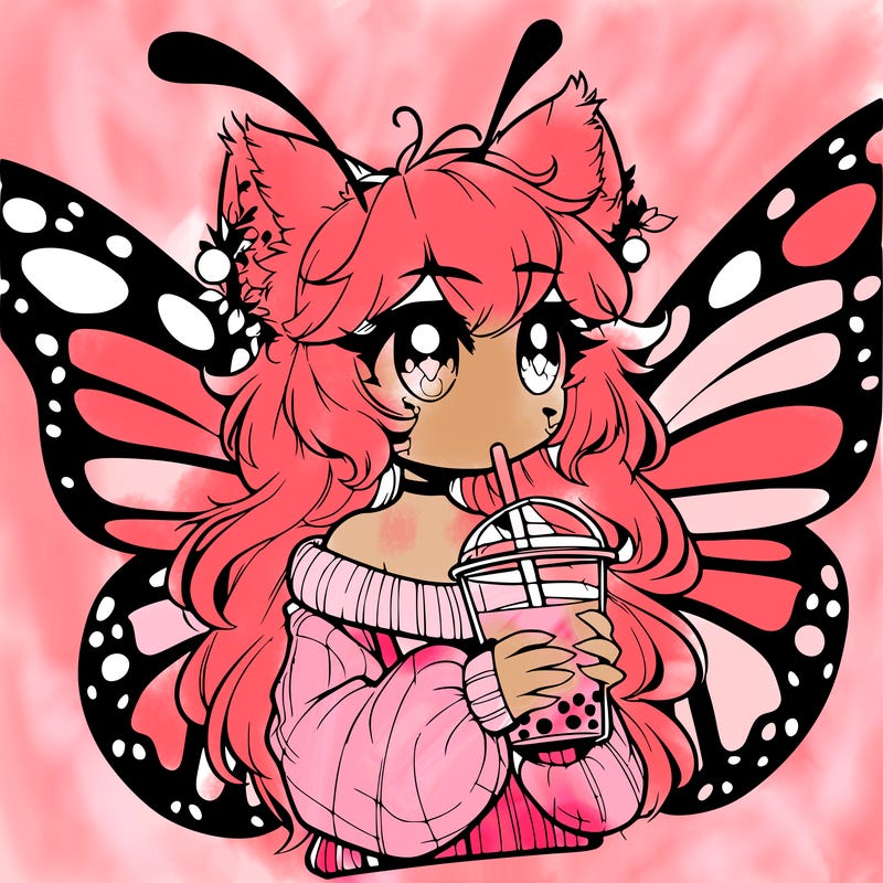 a realistic butterfly/furry girl drinking boba