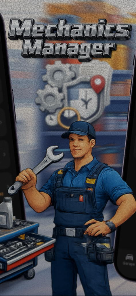 Mechanics Manager - Mechanics Manager app cover featuring an illustration of a mechanic with a wrench