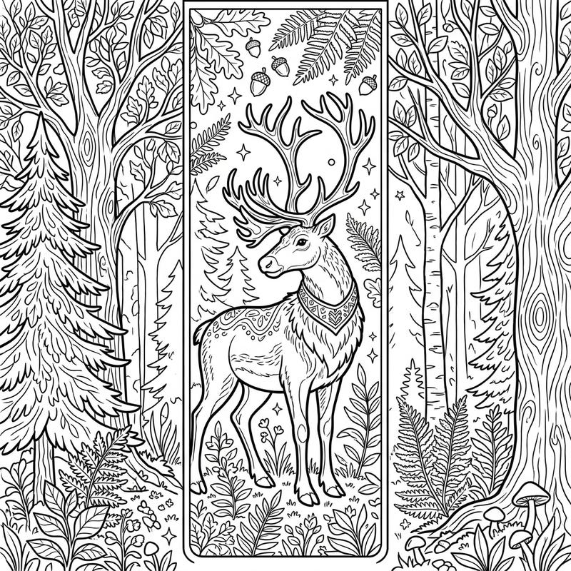 Journey into the enchanting forest with this detailed coloring bookmark featuring a magnificent reindeer. Perfect for nature lovers, this intricate design promises a delightful artistic escape.