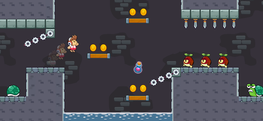 Billy's Jungle Adventure - Billy jumping over saw blades and enemies in a 2D platformer level