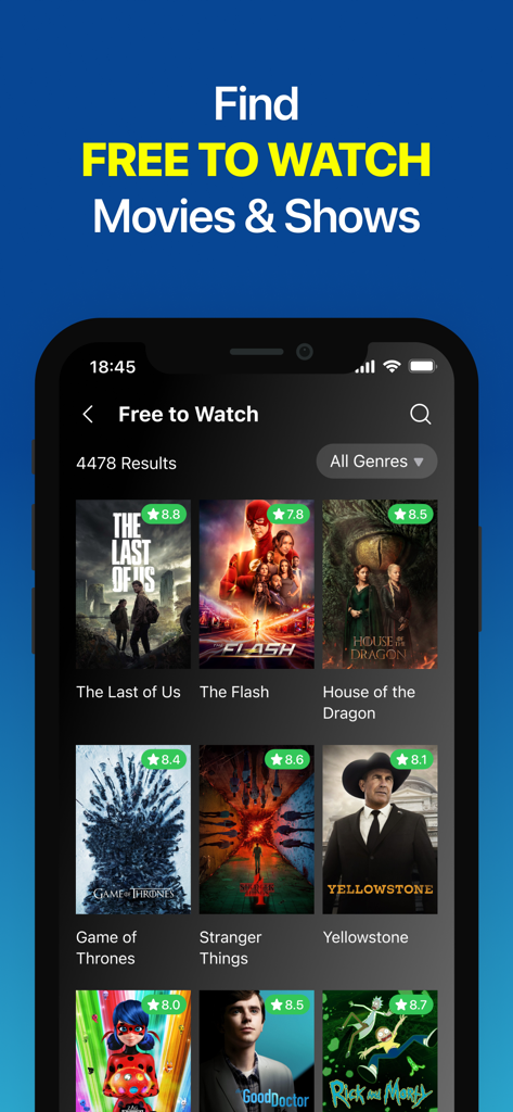 Xciptv - Écran de l'application XCIPTV montrant une liste organisée de films et séries TV gratuits à regarder avec des notes d'utilisateurs.