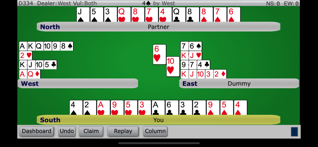 A digital bridge card game interface with four players hands displayed on a green table background