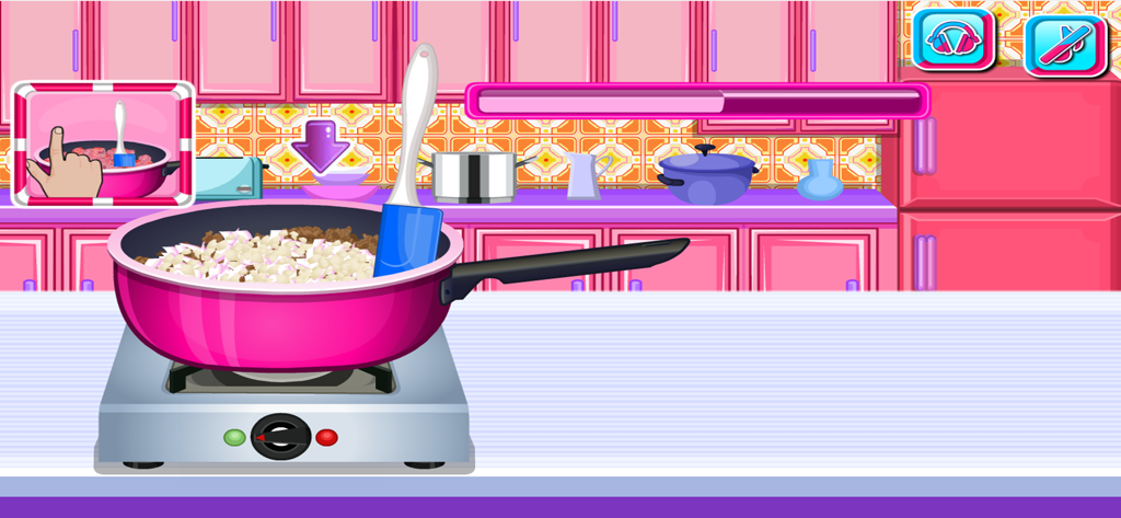 A pink frying pan with ingredients being cooked on a stove in a virtual kitchen