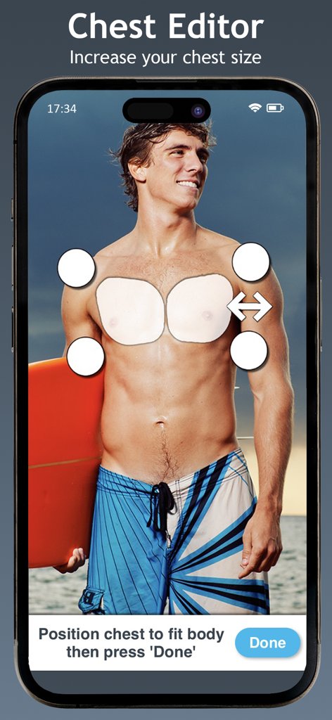 Abs Editor Six Pack Photo Body - Smartphone app interface for increasing chest size on a body photo
