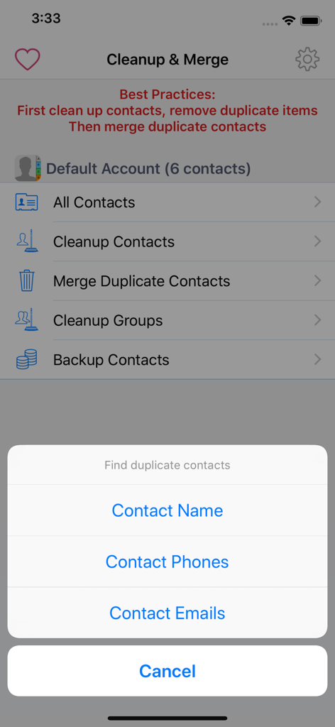 Capture d'écran de l'application Cleanup and Merge montrant un menu d'actions pour trouver les contacts en double par nom numéros de téléphone ou adresses e-mail