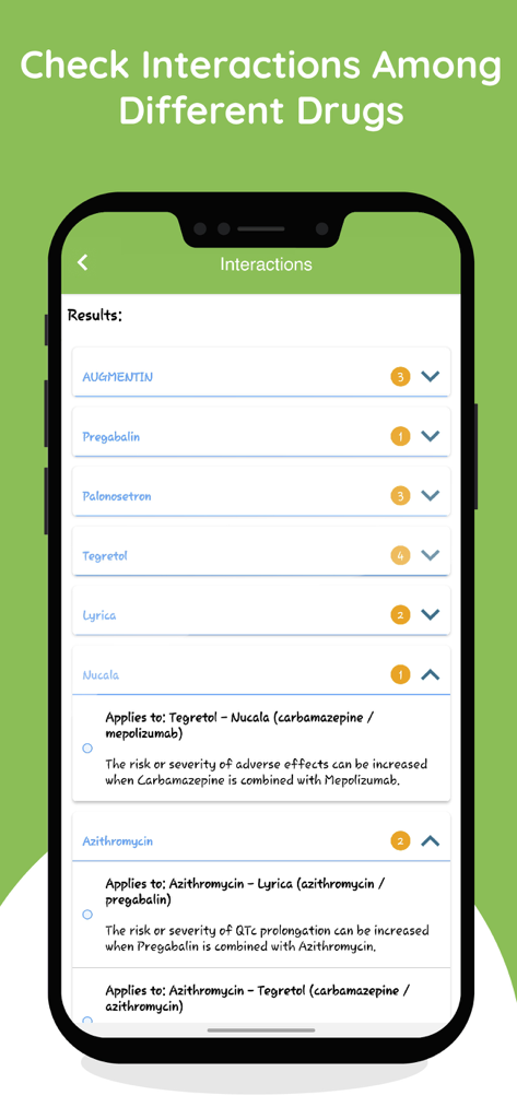 MedSearch app screen showing a list of drug interactions with detailed clinical warnings and risk levels for different medications