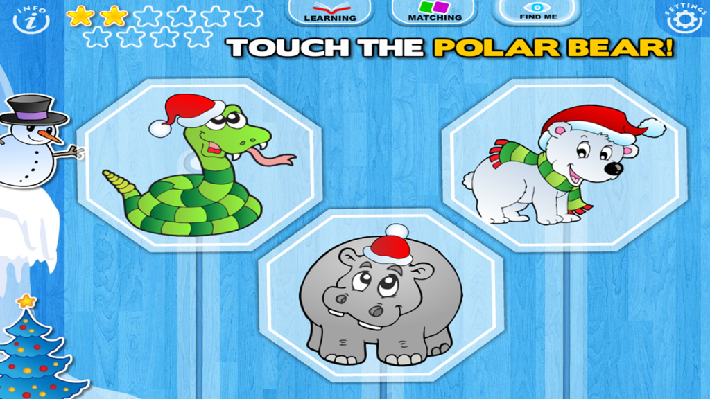 Bildschirm eines Lernspiels für Kleinkinder mit Tieren in Weihnachtsmützen und der Aufforderung, den Eisbären zu finden.