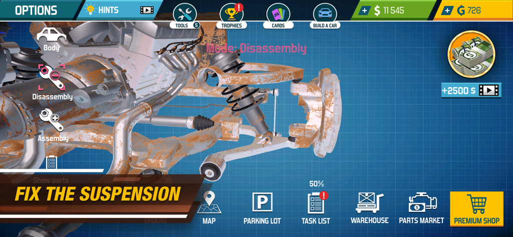 Gameplay screenshot of Car Mechanic Simulator 21 showing the disassembly and repair of a rusty car suspension system.