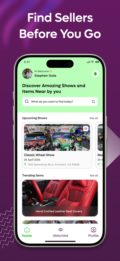 The FoundIt App - Tela inicial do App FoundIt mostrando eventos locais futuros e itens de mercado em alta