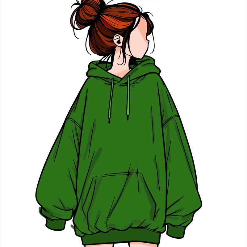 realistic girl with a oversized sweatshirt on and a bun