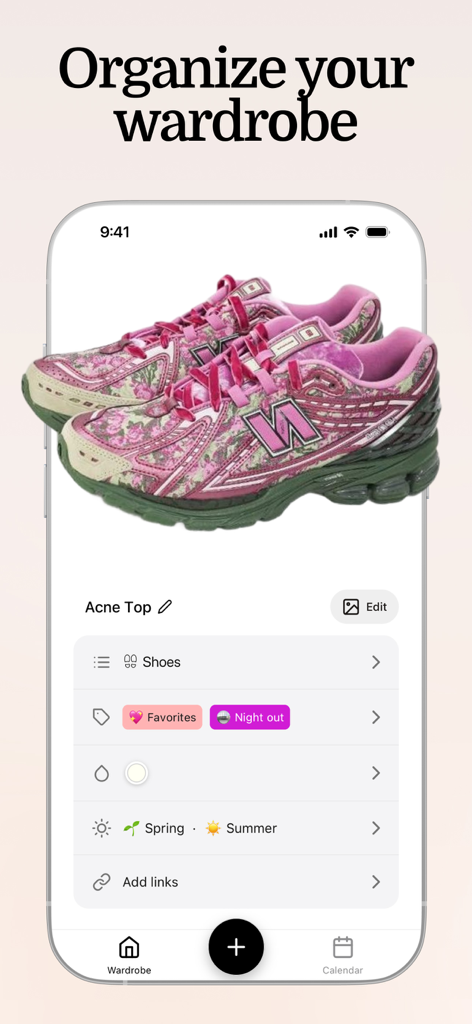 Fits – Outfit Planner & Closet - Screenshot of the Fits app showing an organized digital wardrobe with categorized floral sneakers and style tags