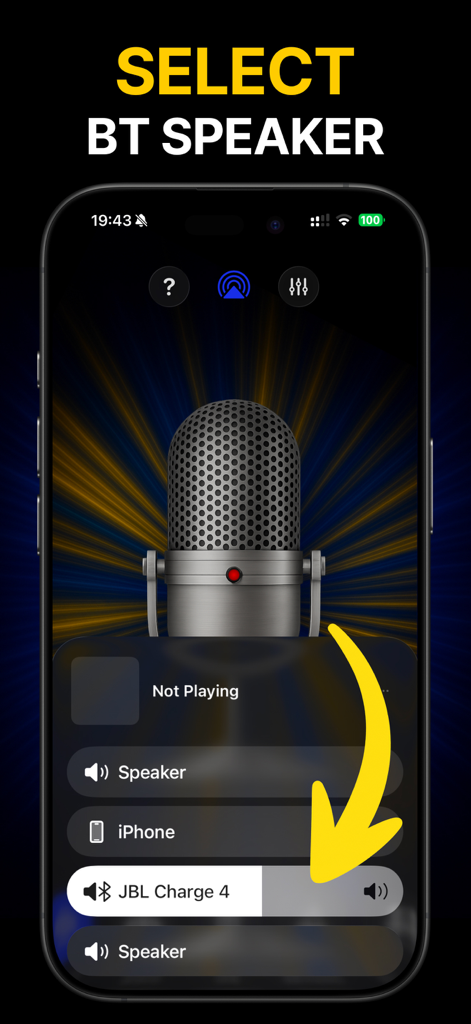 Bluetooth Microphone FX Pro - Screenshot of Bluetooth Microphone FX Pro app showing the speaker selection menu for connecting to a JBL speaker.