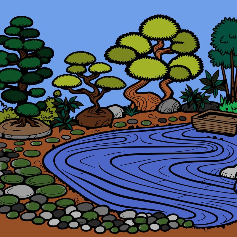 a serene zen garden with raked gravel, bonsai trees, and tranquil ponds