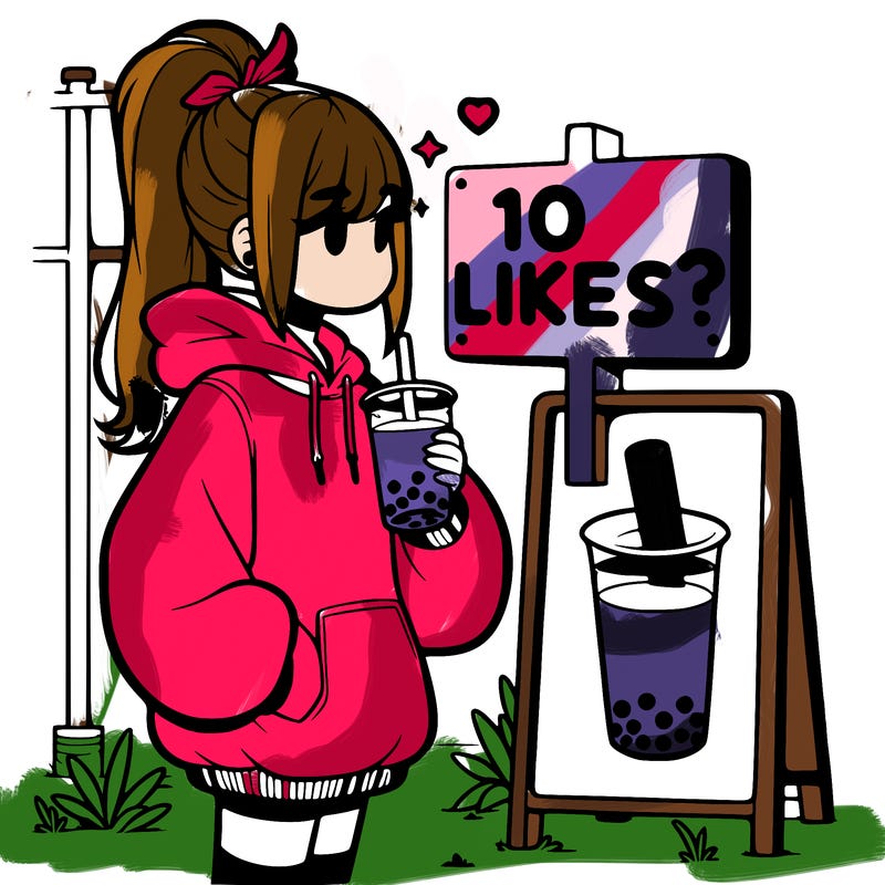 girl with oversized hoodie drinking boba and she has a high ponytail with a sign that says 10likes?