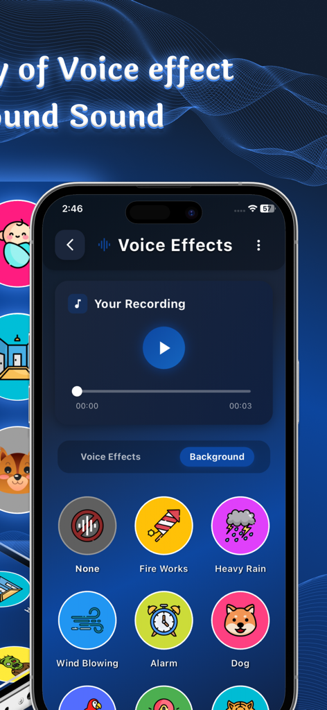 Voice Changer - Sound Effects⁺ - Interface of the Voice Changer app showing various background sound effects.