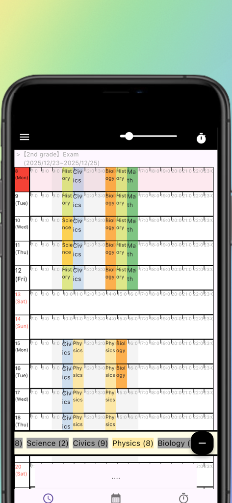 Weekly study schedule grid showing color-coded blocks for different academic subjects