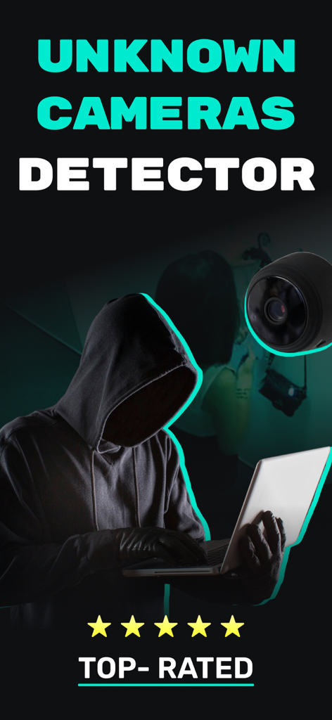 Unknown camera detector app display featuring a privacy threat illustration and top rated five star status