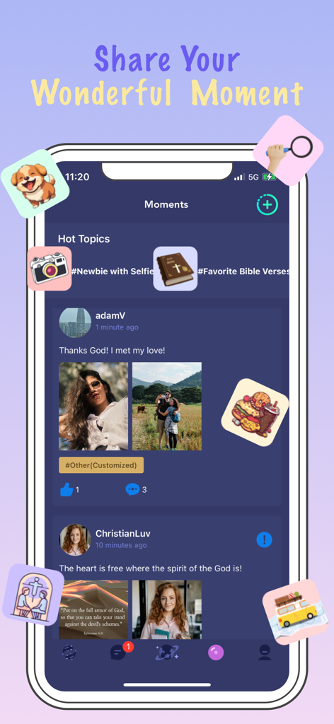 Interface de l'application CMeet montrant le fil d'actualité Moments où les célibataires chrétiens partagent des photos et des versets bibliques.