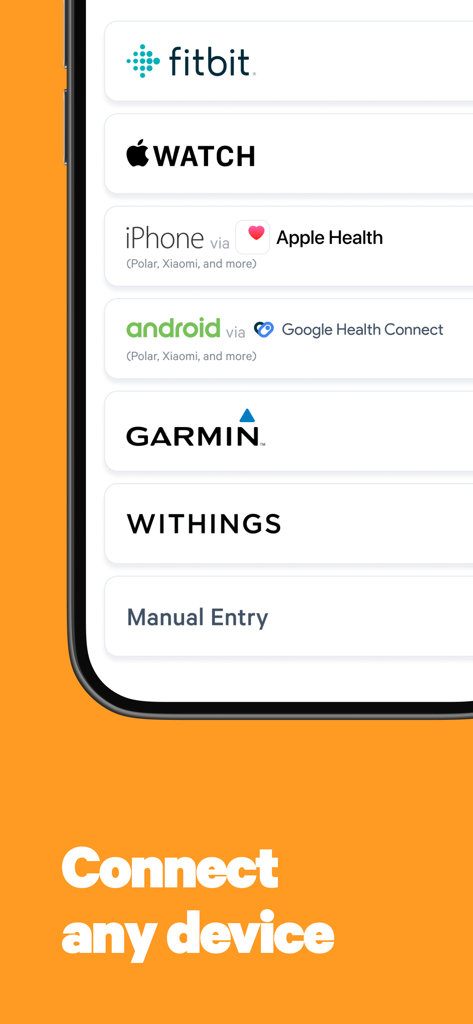 Screenshot of Stridekick app showing options to connect various fitness trackers like Fitbit Apple Watch and Garmin