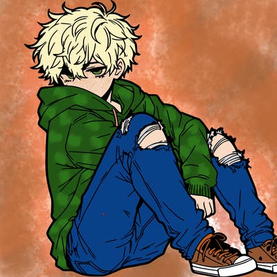 a male hoddie ripped jeans messy hair anime