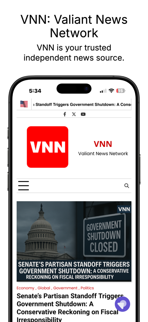 Mobile interface of the VNN Valiant News Network app showing a breaking news headline about a government shutdown.