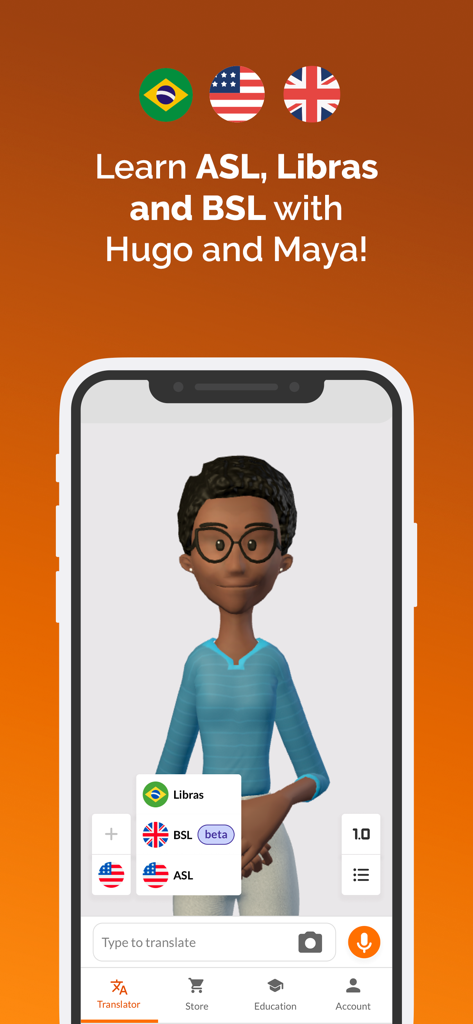 Interface of Hand Talk app featuring 3D avatar Maya and language options for ASL BSL and Libras