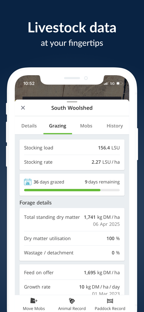 AgriWebb app interface showing grazing metrics and forage details for livestock management