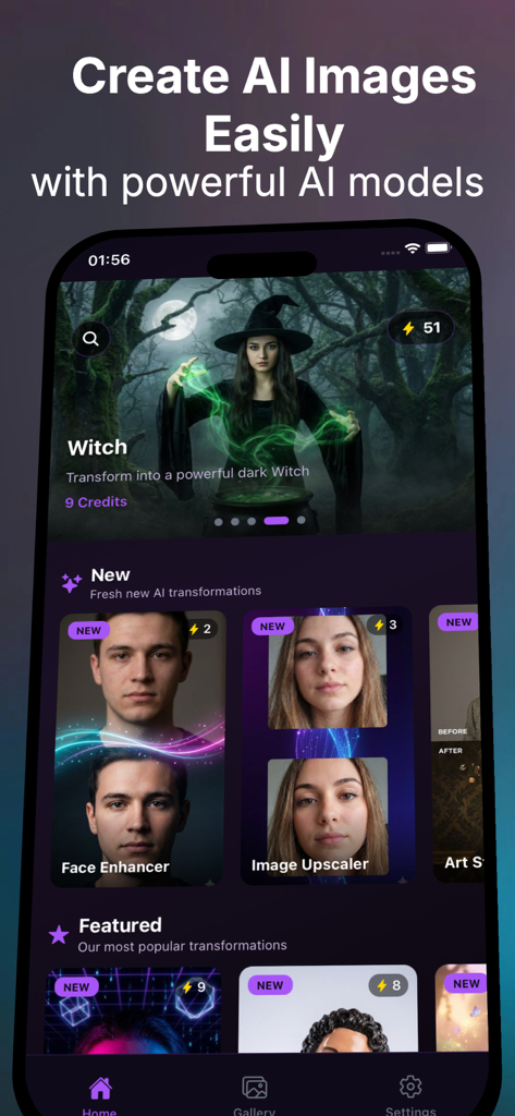 Utopia AI - Dreams to Image - Mobile interface of Utopia AI app showing various image creation and enhancement tools like Witch transformation and Face Enhancer