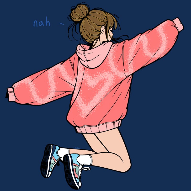 realistic girl jumping with a bun and oversized sweatshirt