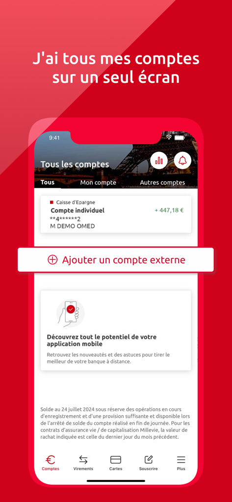 Interface de l'application bancaire mobile Banxo montrant un aperçu de tous les comptes sur un seul écran avec une option pour ajouter des banques externes