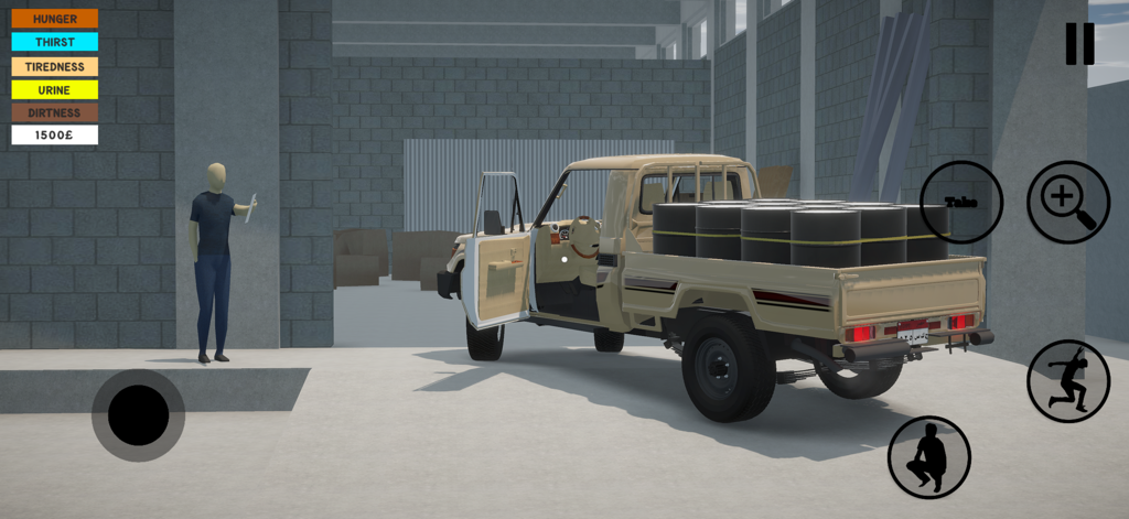 Egyptian Life - Gameplay screenshot of Egyptian Life showing a character standing next to a pickup truck loaded with barrels with survival bars for hunger and thirst displayed.