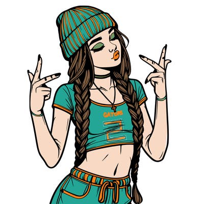 realistic teenage girl with braids and a beanie and crop top doing 🫶🏼