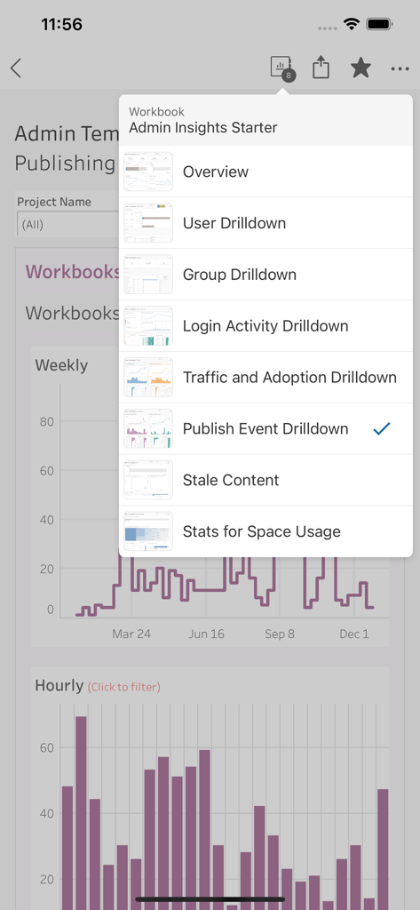 Tableau Mobile - Tableau Mobile app interface displaying a workbook menu with various data drill down options for admin insights.
