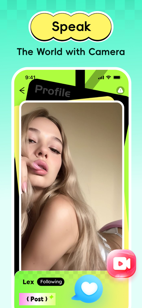Camil app user profile page showing a photography gallery and video chat feature