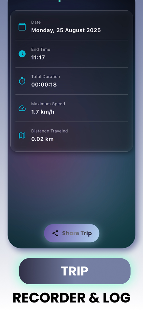 Speedometer GPS app screen showing a detailed trip recorder log with distance and speed statistics