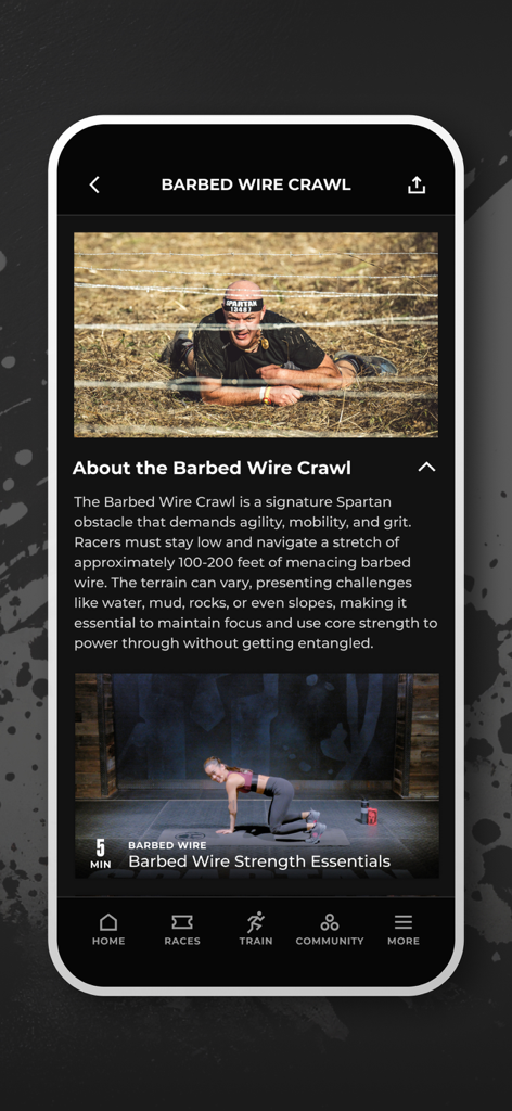 Spartan Race - Spartan Race app screen showing Barbed Wire Crawl obstacle details and training video