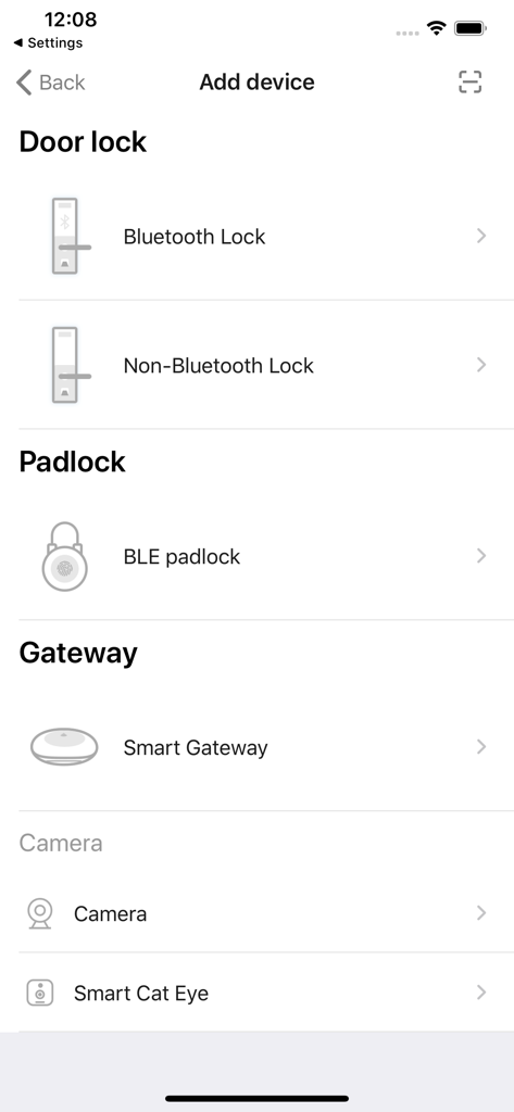 Add device menu in WisHome app showing options for smart locks, padlocks, gateways, and cameras