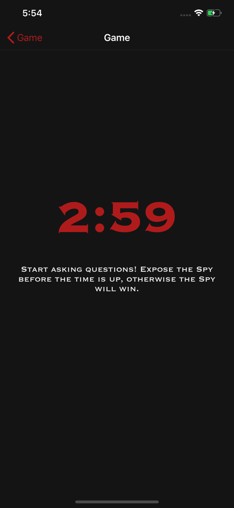 Spy - Écran de compte à rebours rouge dans le jeu mobile de fête Spy avec des instructions pour démasquer l'espion