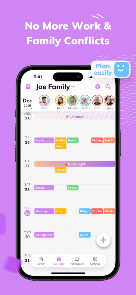 Cubbily app interface showing a shared family calendar with color-coded events for multiple family members to manage work and home schedules